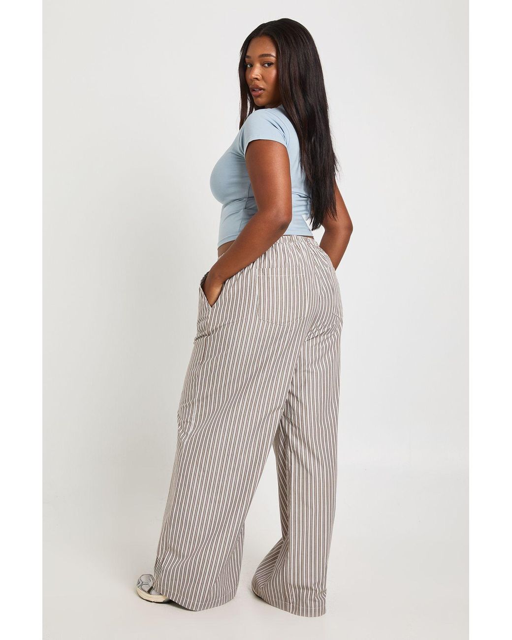 Boohoo Blue Plus Woven Stripe Elasticated Waist Wide Leg Trouser