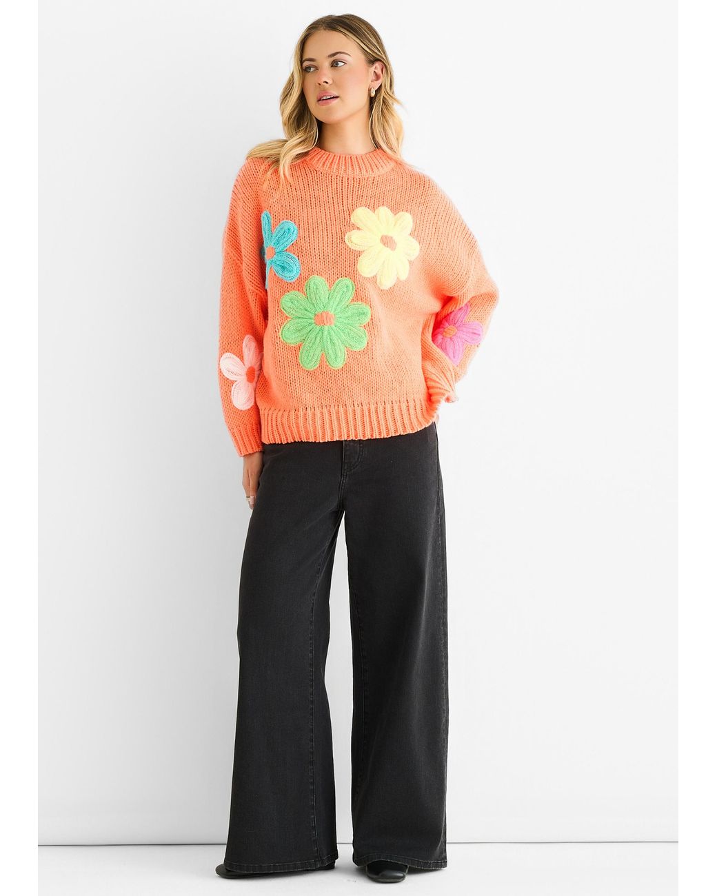 Gini London Orange Floral Crochet Chunky Knit Oversized Jumper
