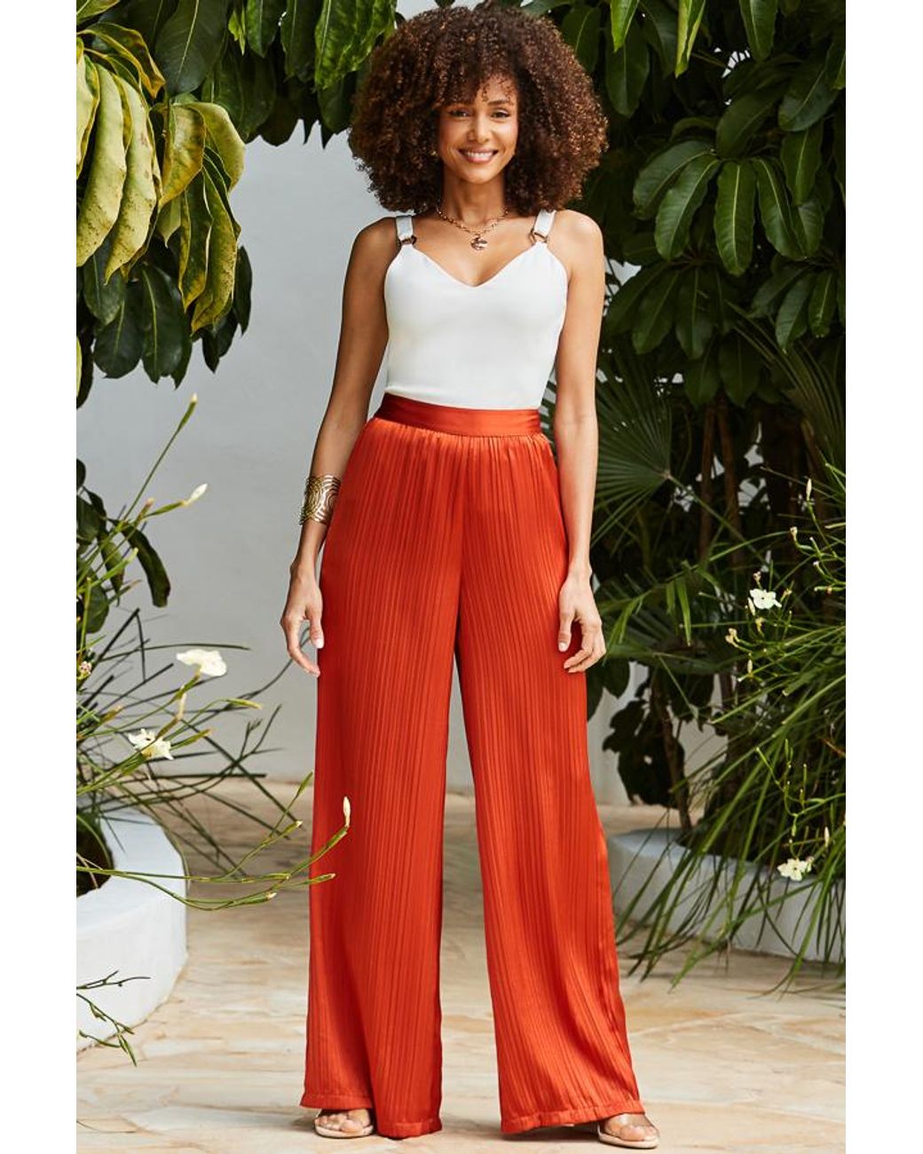 Sosandar Red Plisse Wide Leg Trousers