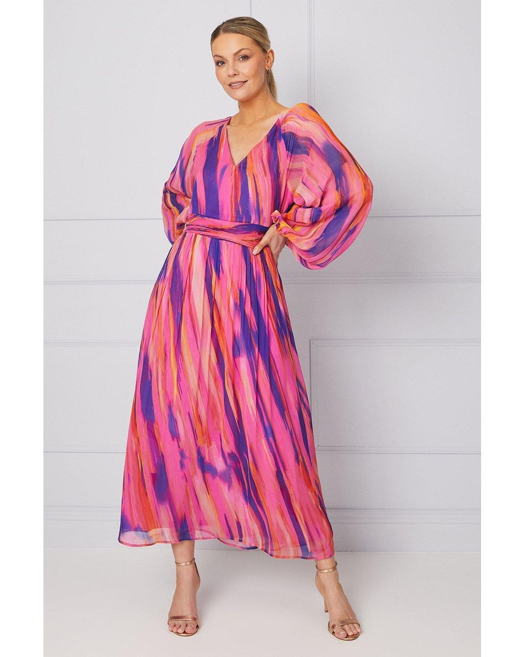 Wallis Pink Abstract Balloon Sleeve Midaxi Dress