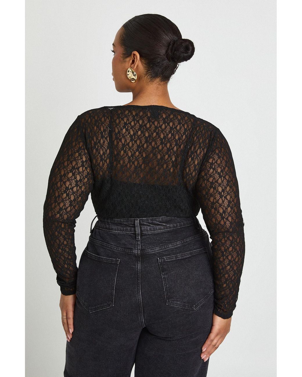 Boohoo Black Plus Lace Long Sleeve Bodysuit