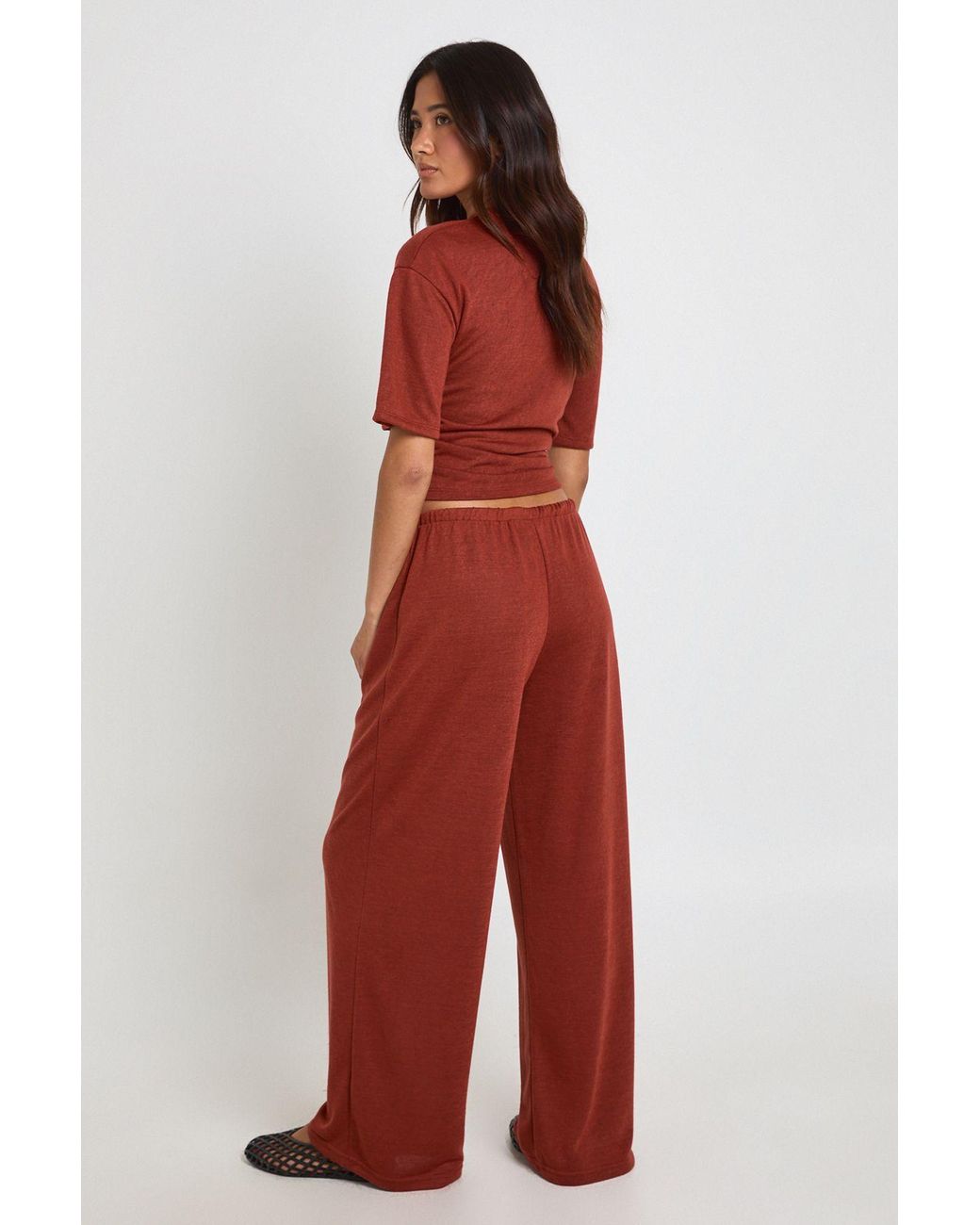 Boohoo Red Slub Drawstring Wide Leg Trouser