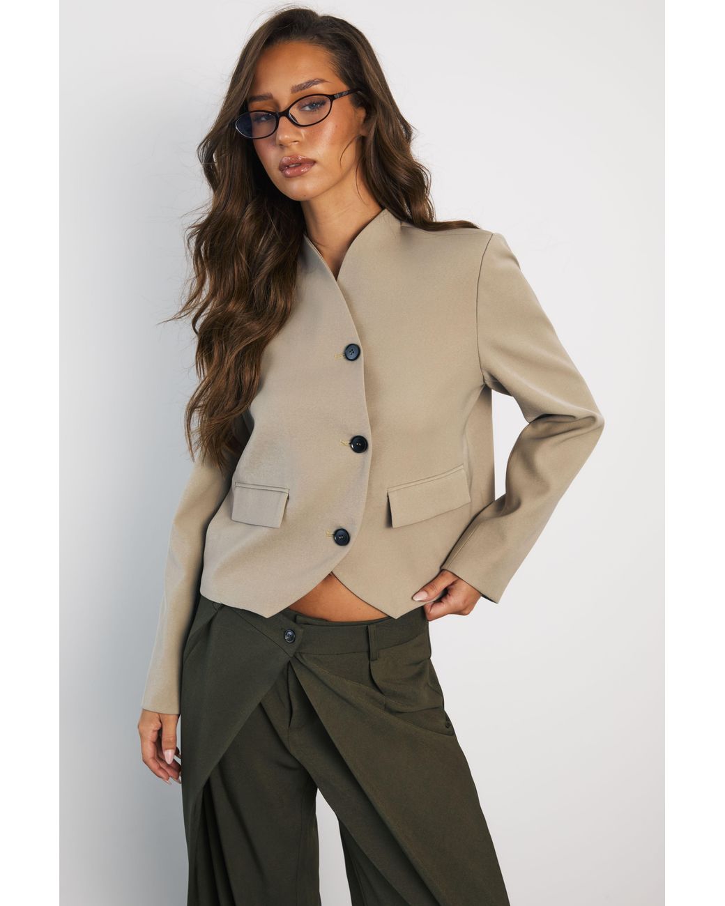 Boohoo Natural High Neck Curved Boxy Blazer