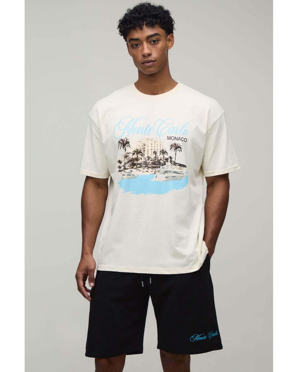 BoohooMAN White Oversized Monte Carlo Print T-Shirt & Short Set for men