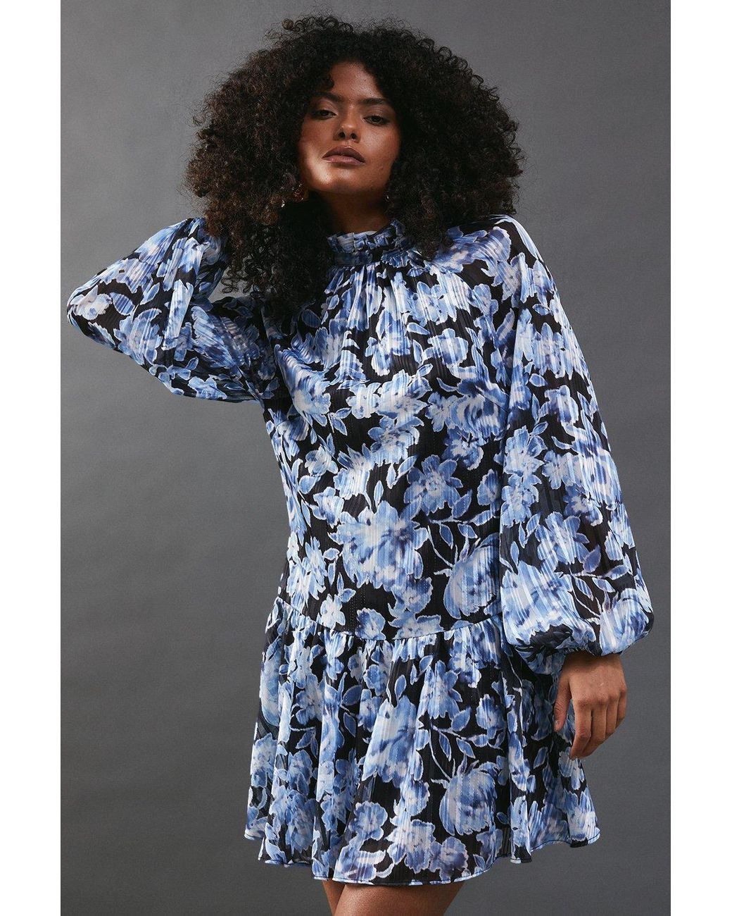 Warehouse Blue Shadow Stripe High Neck Tie Back Mini Dress