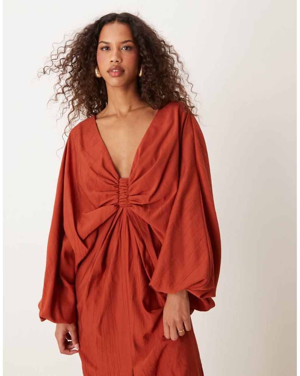 ASOS Red Plunge Ruched Bust Maxi Dress With Blouson Sleeve