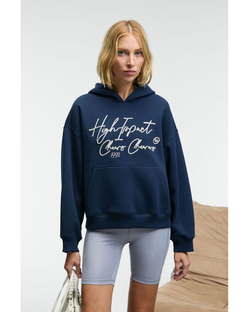 Grimelange Blue Oversized Hooded Printed Sweatshirt