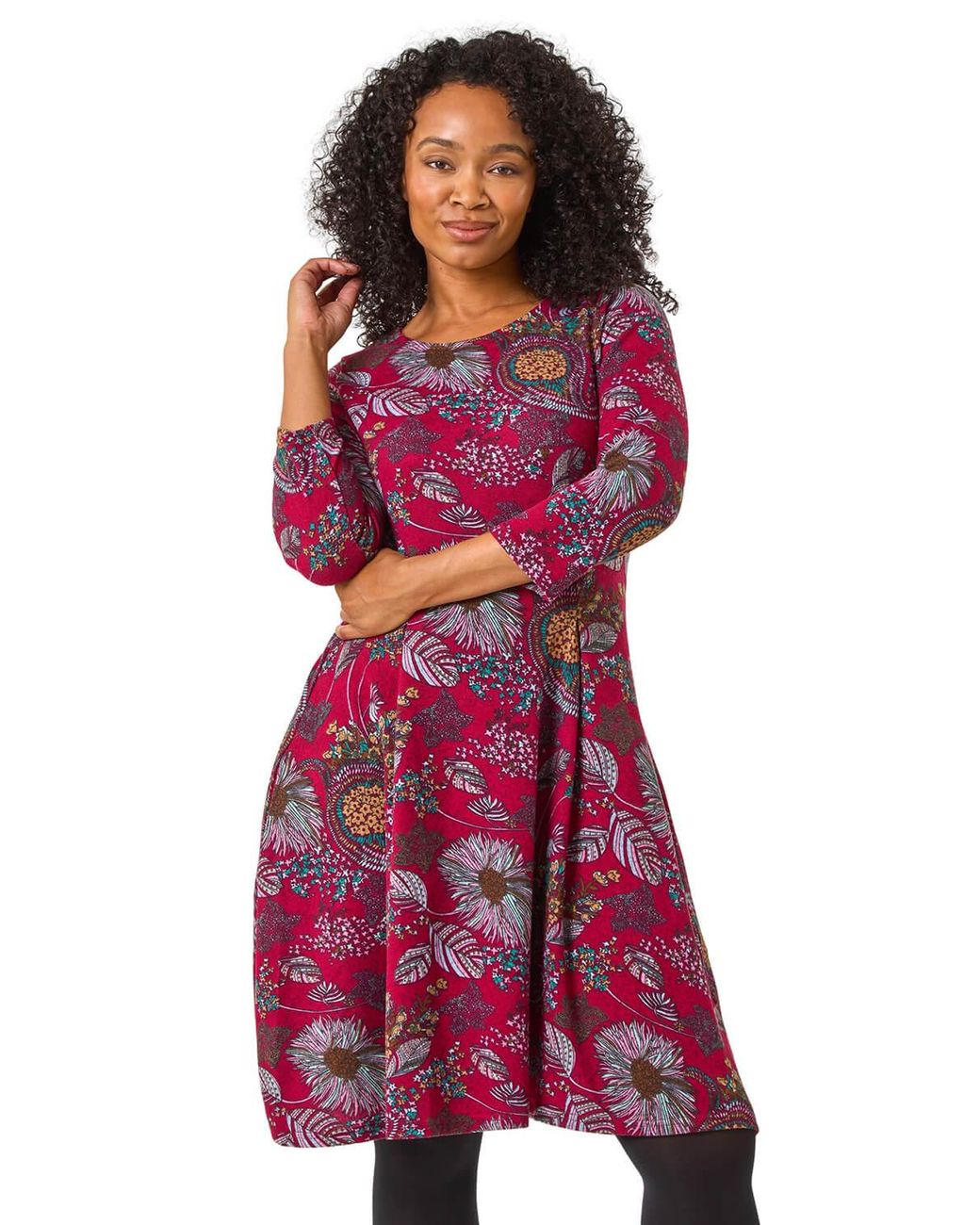 Roman Red Petite Floral Print A-Line Stretch Dress