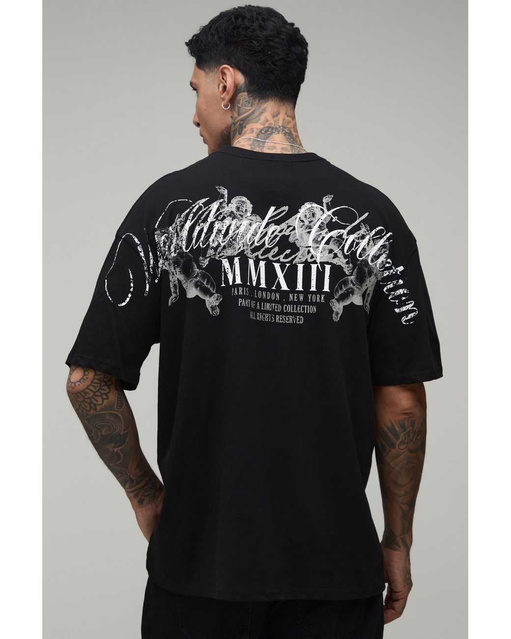 BoohooMAN Black Tall Oversized Worldwide Over The Seams Print T-Shirt Cotton for men