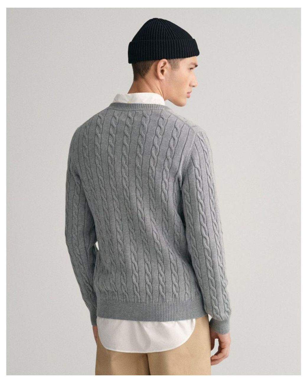 Gant Gray Cotton Cable Knit Crew Neck Jumper for men