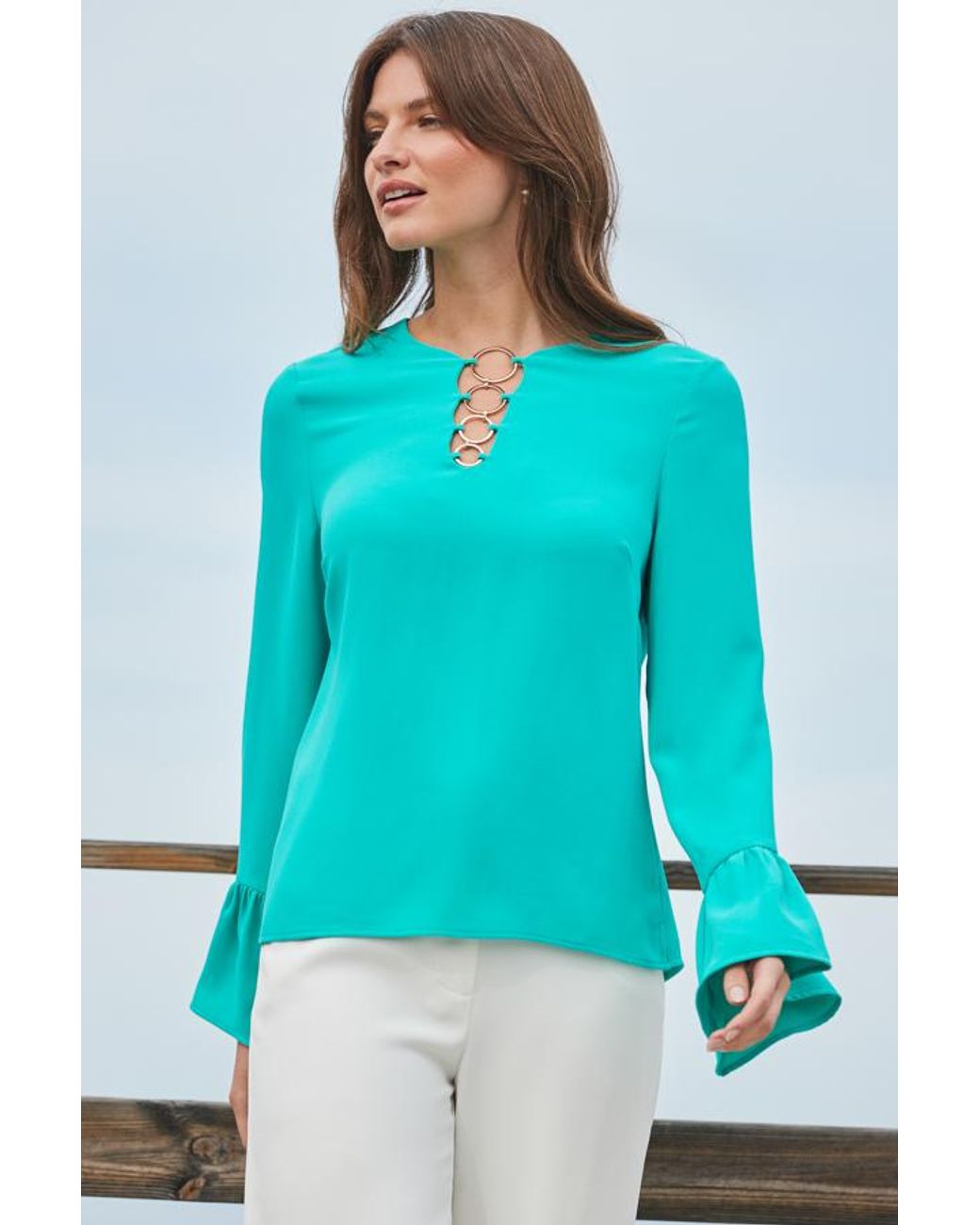 Sosandar Blue Aqua Ring Detail Flared Sleeve Top