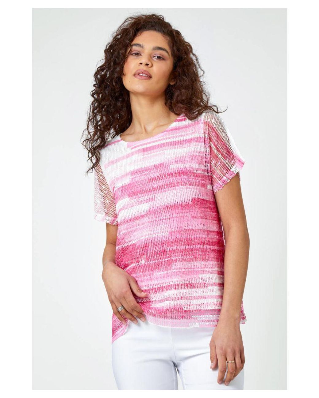 Roman Pink Stripe Print Mesh Overlay Top