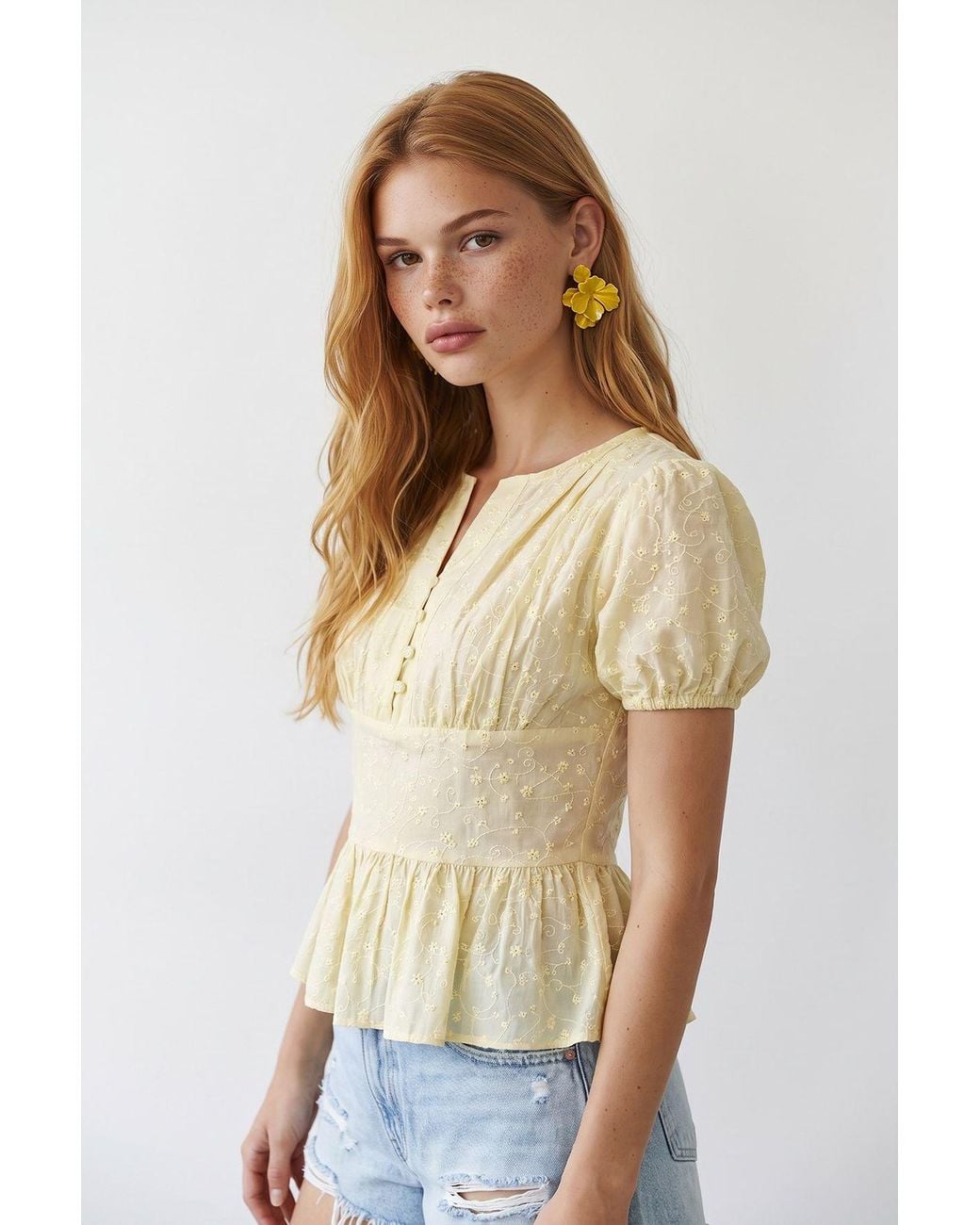 MixRay Natural Embroidered V-Neck Woven Blouse