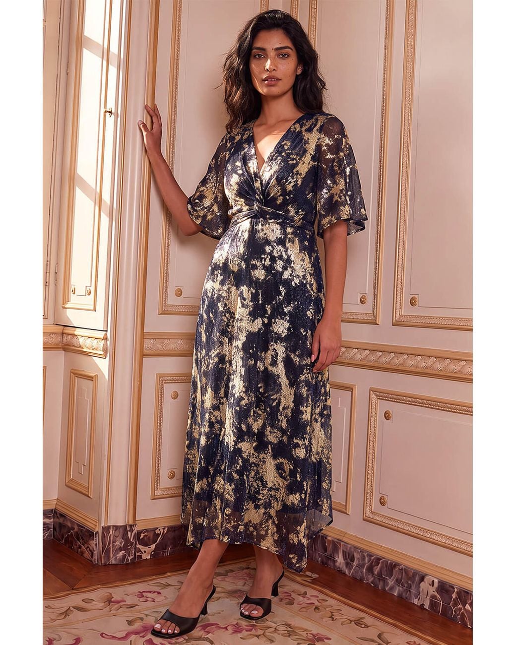 Roman Brown Flutter Foil Twist Dress
