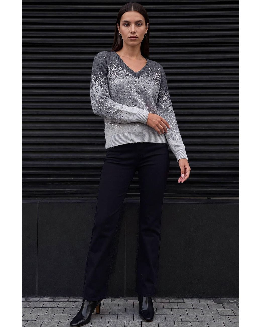 Roman Gray Sparkly Ombre V-Neck Knit Jumper