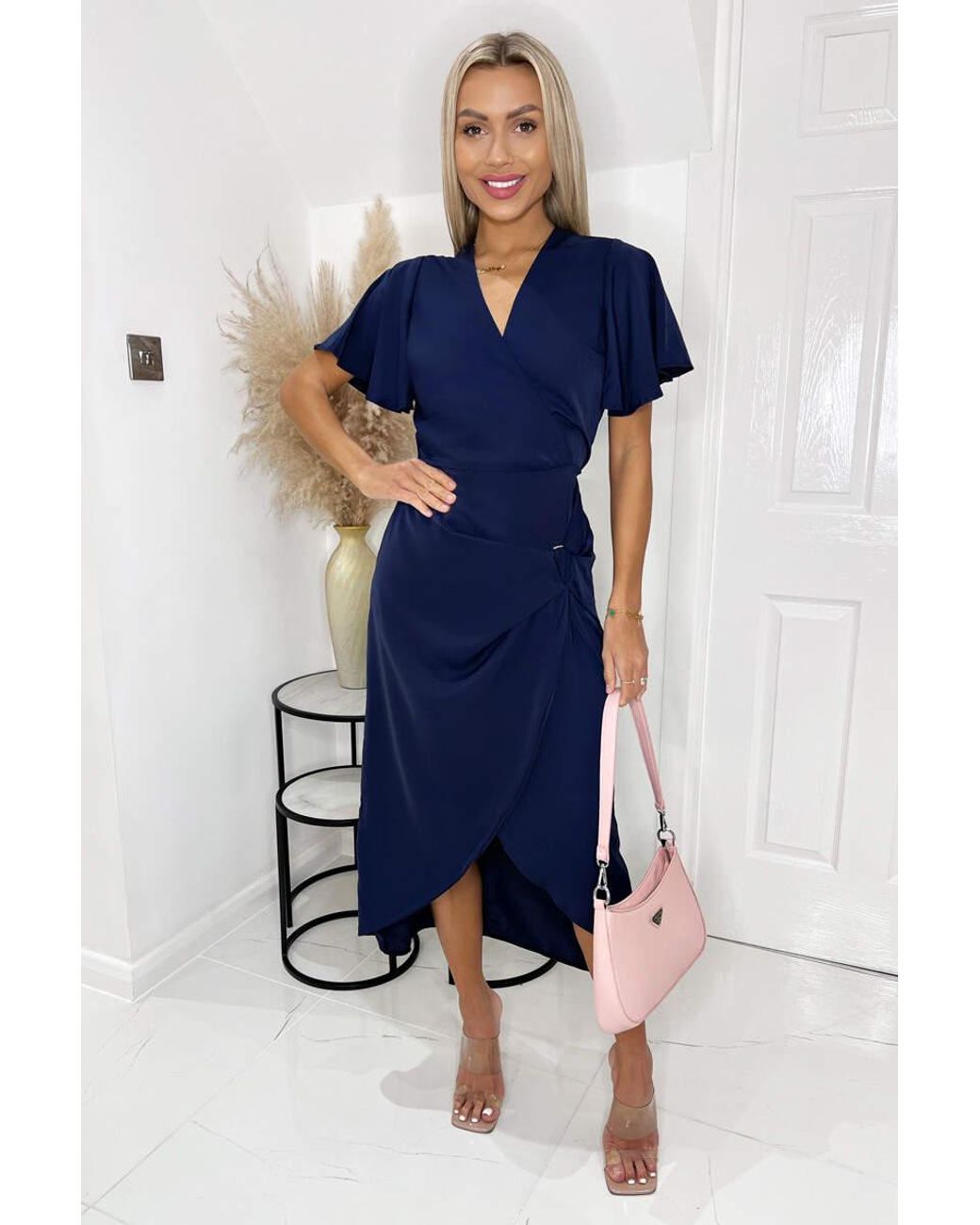 AX Paris Blue Short Sleeve V Neck Buckle Wrap Midi Dress