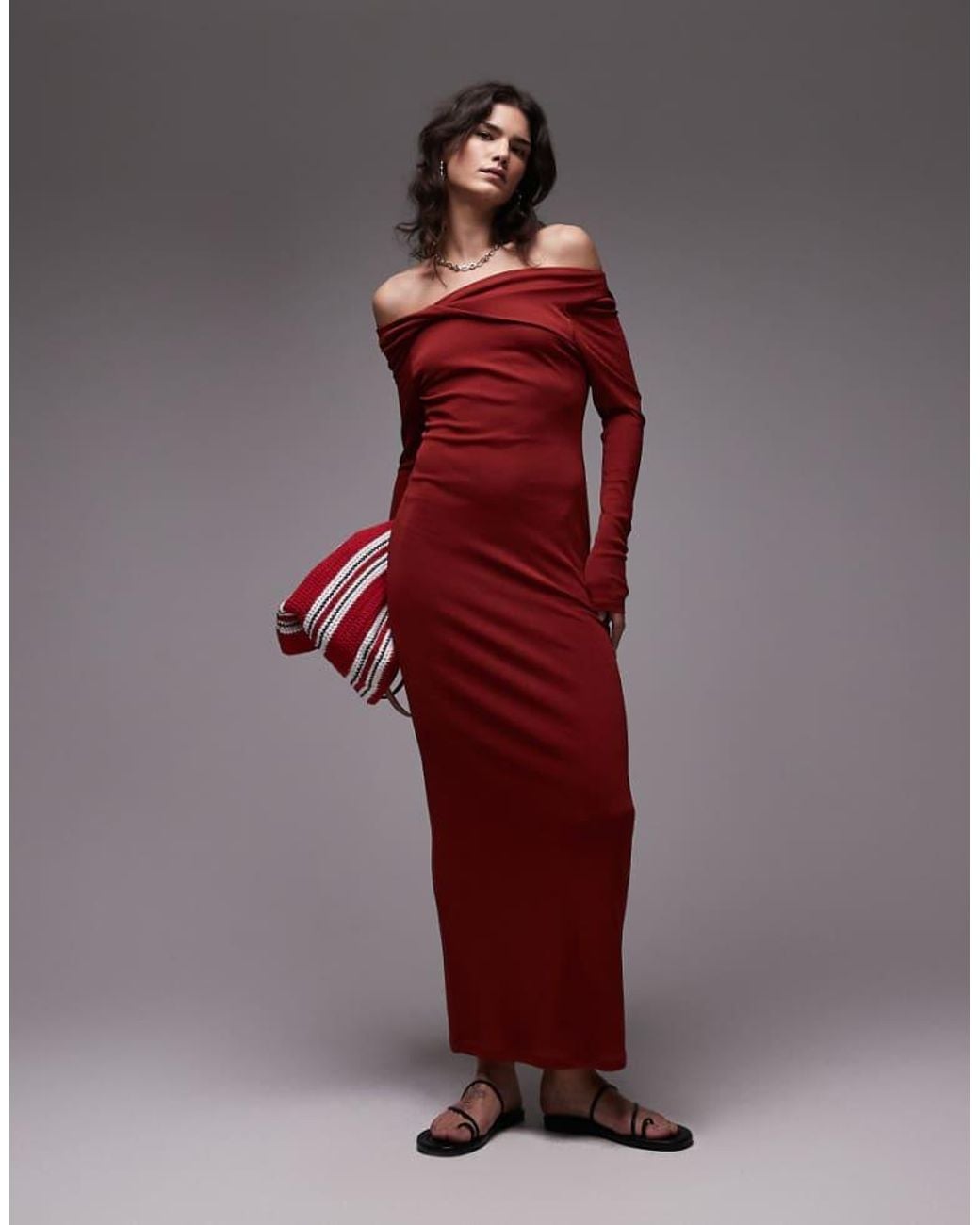 TOPSHOP Red Bardot Twist Detail Long Sleeve Maxi Dress