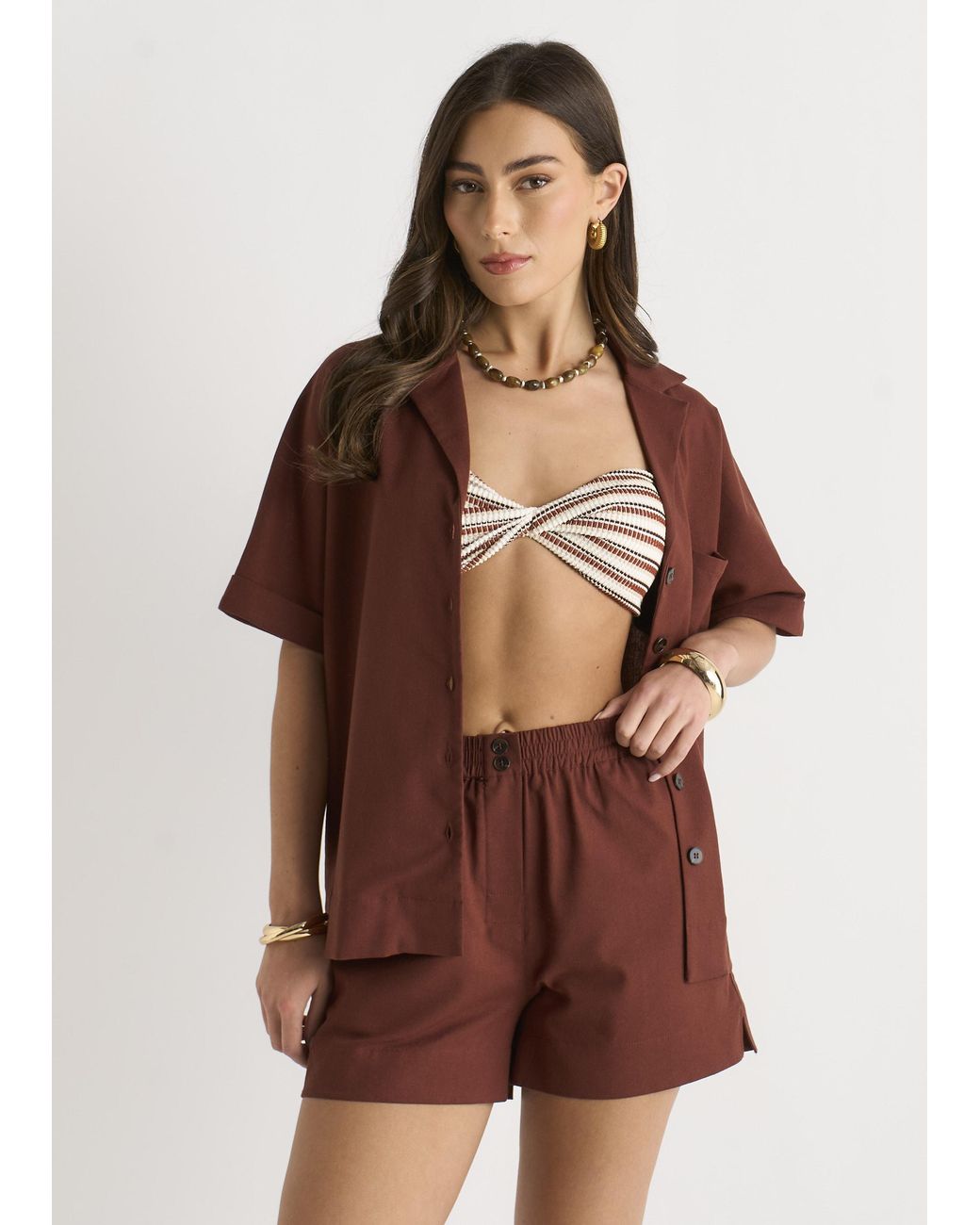 Gini London Brown Linen Mix Oversized Button Through Shirt