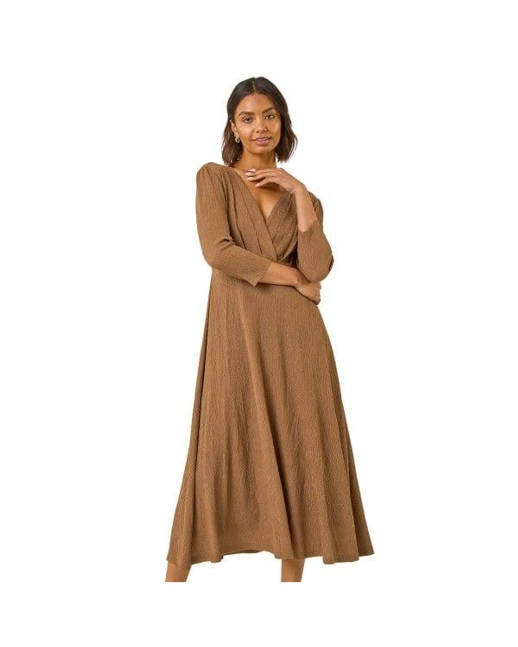 Roman Brown Textured Wrap Midi Dress