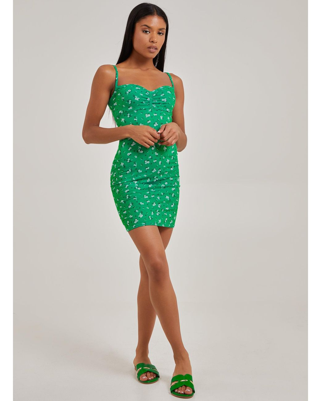 Pink Vanilla Green Gathered Cami Strap Floral Mini Dress