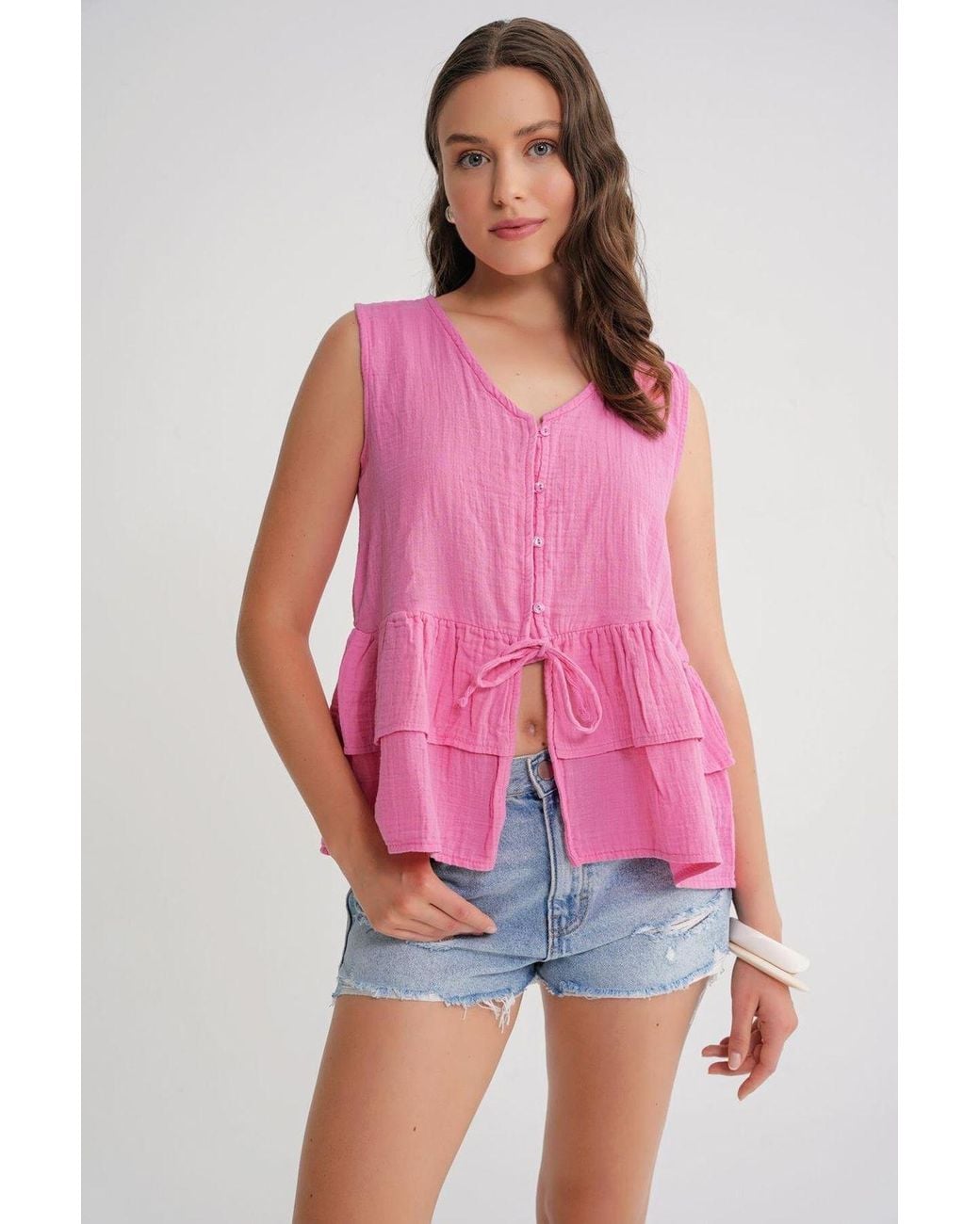 MixRay Pink V-Neck Buttoned Cotton Blouse