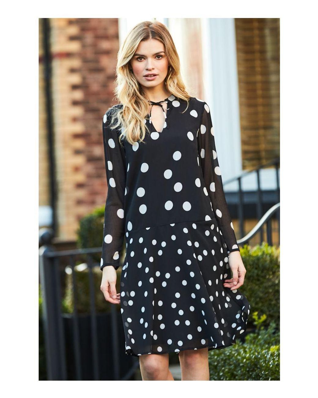 Sosandar Black Spot Print Fluted Hem Shift Dress