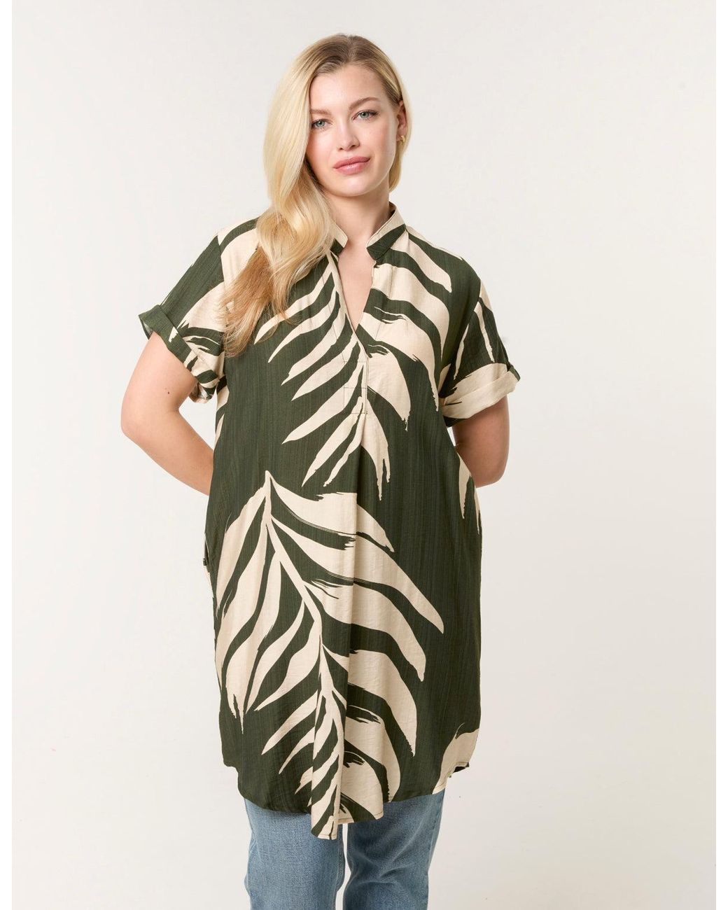 Blue Vanilla Green Palm Print Tunic Top