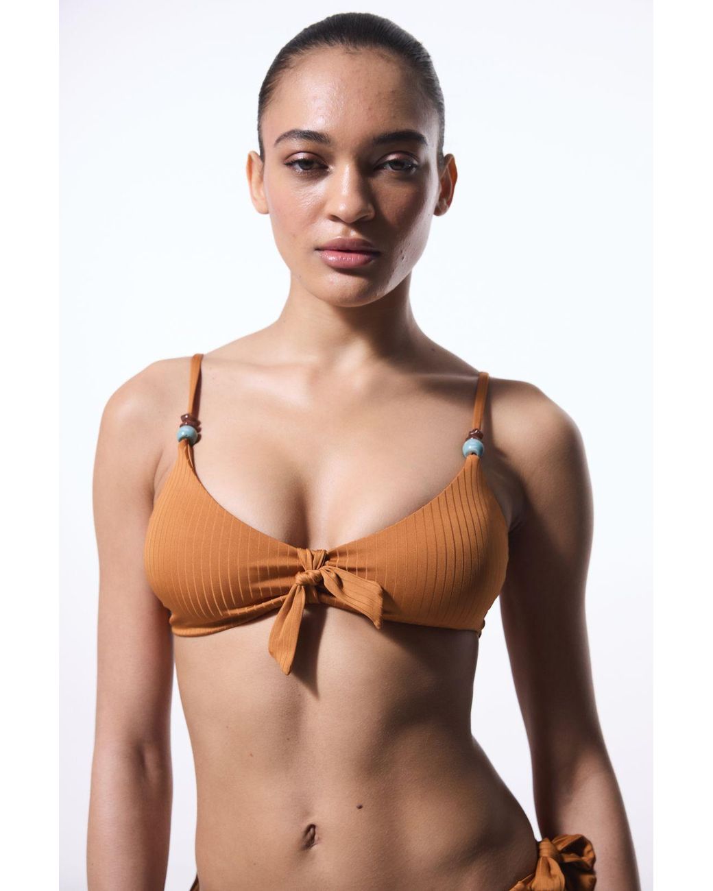 Penti Natural Solid Knitted Bralette Bikini Top With Ribbon Detail