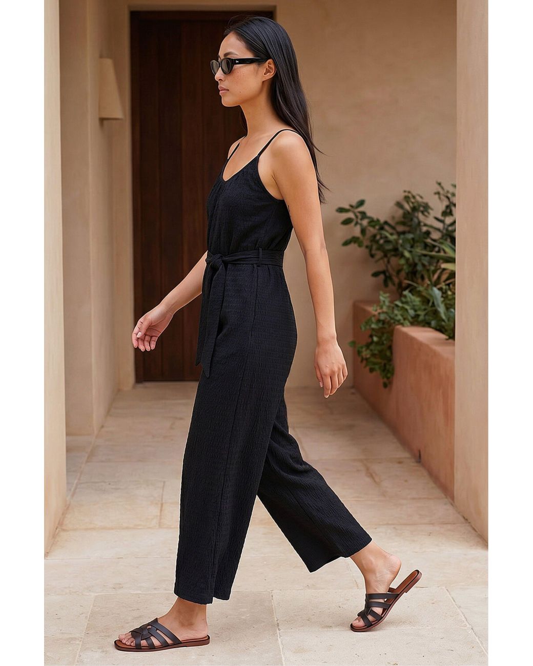 Roman Black Petite Textured Cropped Jumpsuit