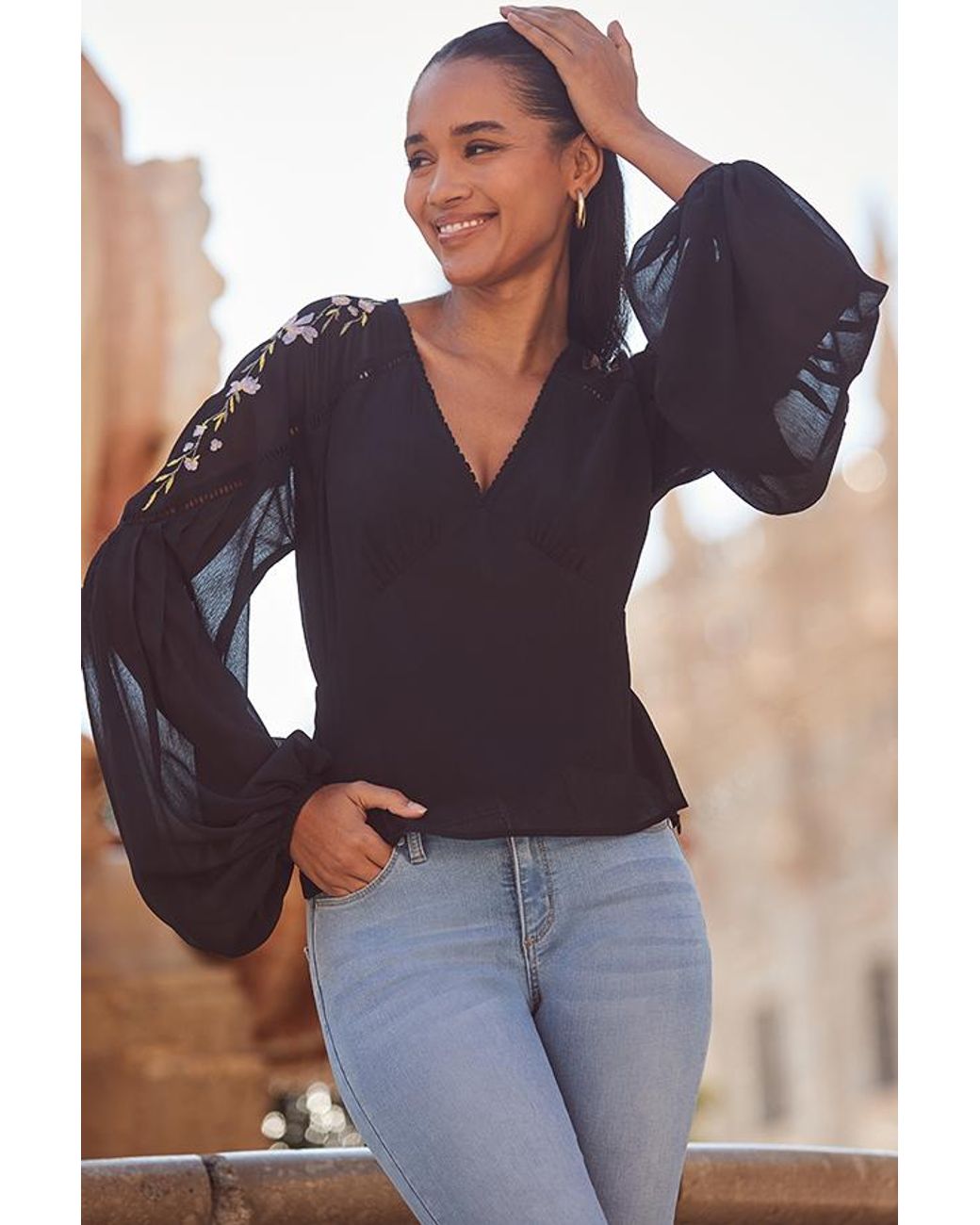 Sosandar Blue Premium Embroidered Shoulder Blouse