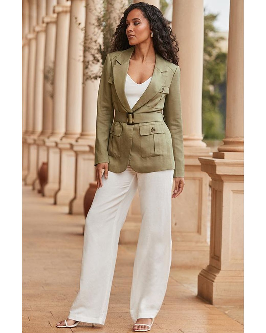 Sosandar Natural Khaki Linen Blend Belted Utility Blazer