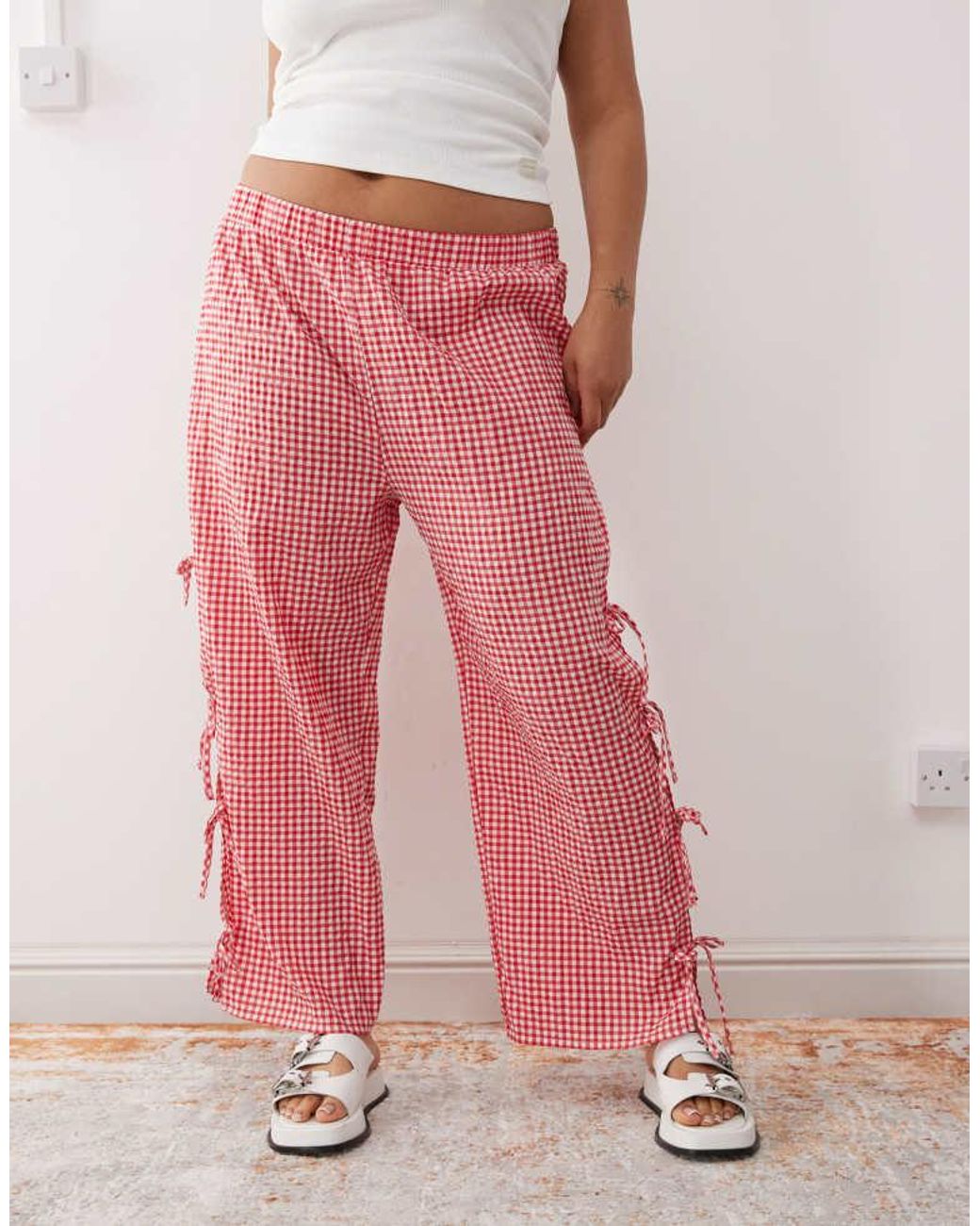 Noisy May Pink Curve Wide Leg Tie Detail Trouser