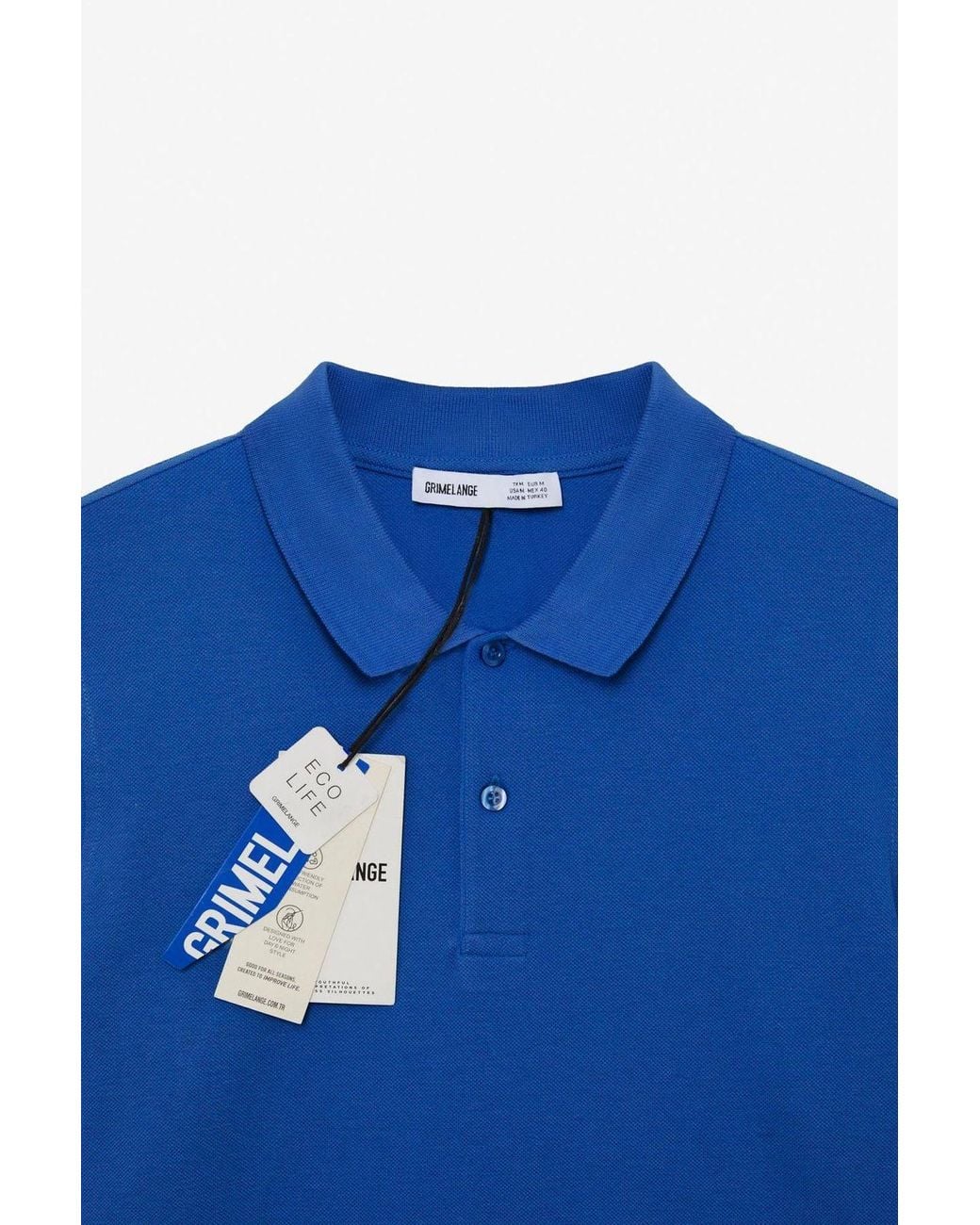 Grimelange Blue Polo Collar Button T-Shirt for men