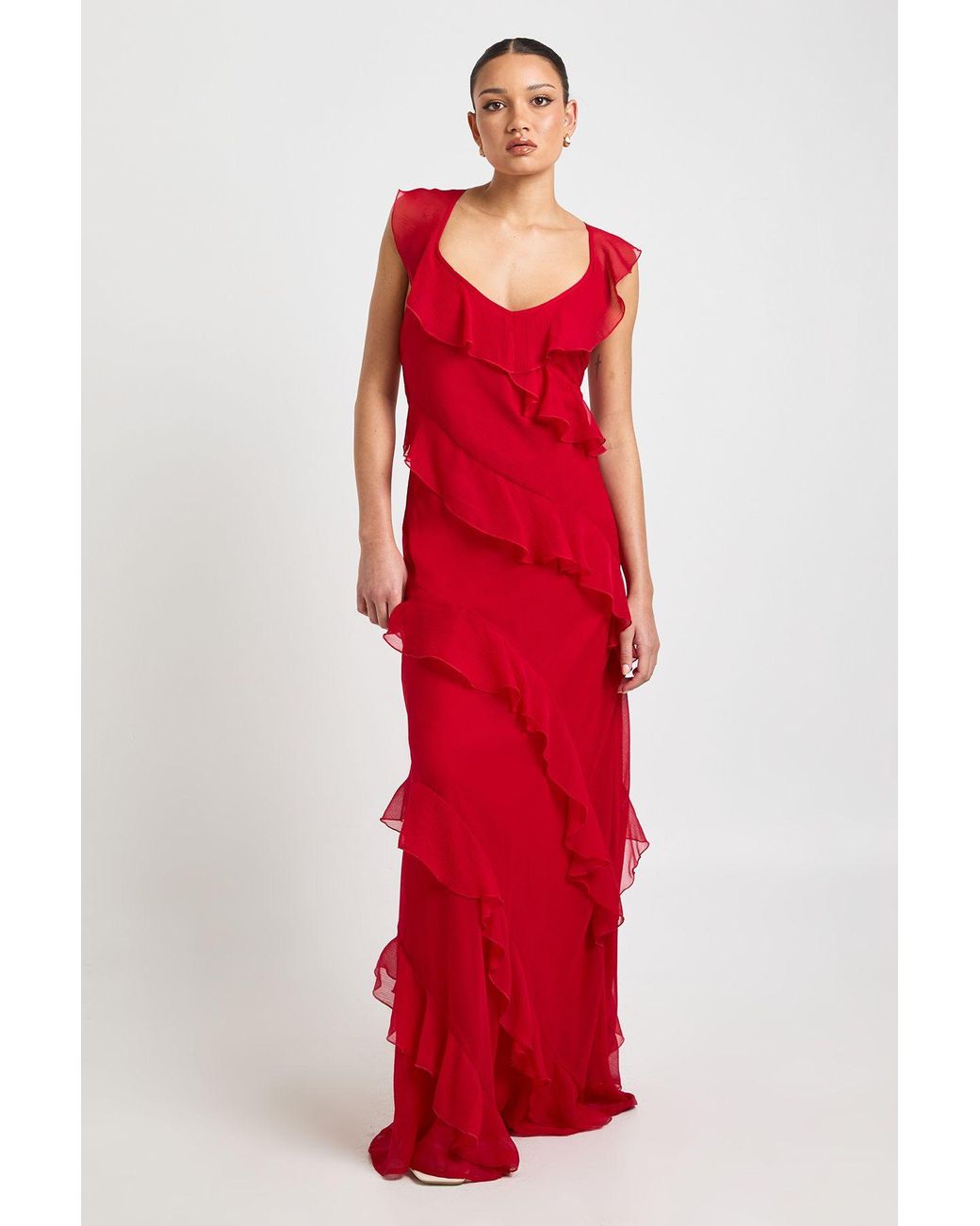 Boohoo Red Chiffon Ruffle Fit & Flare Strappy Maxi Dress