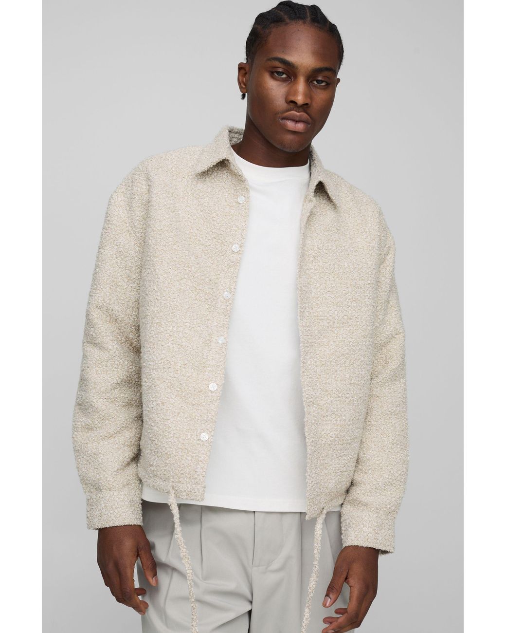 BoohooMAN Natural Regular Bungee Hem Boucle Overshirt for men