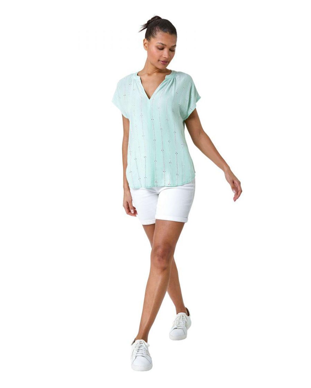 Roman Blue Embroidered Stripe Notch Neck Top