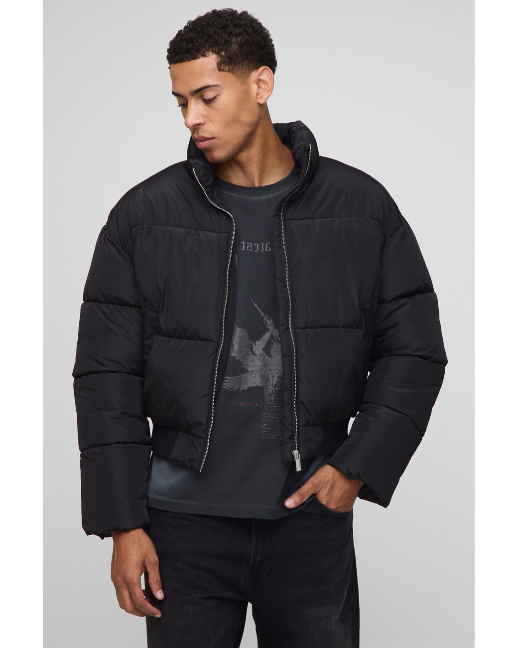BoohooMAN Gray Boxy Funnel Neck Bomber Hem Puffer Jacket for men