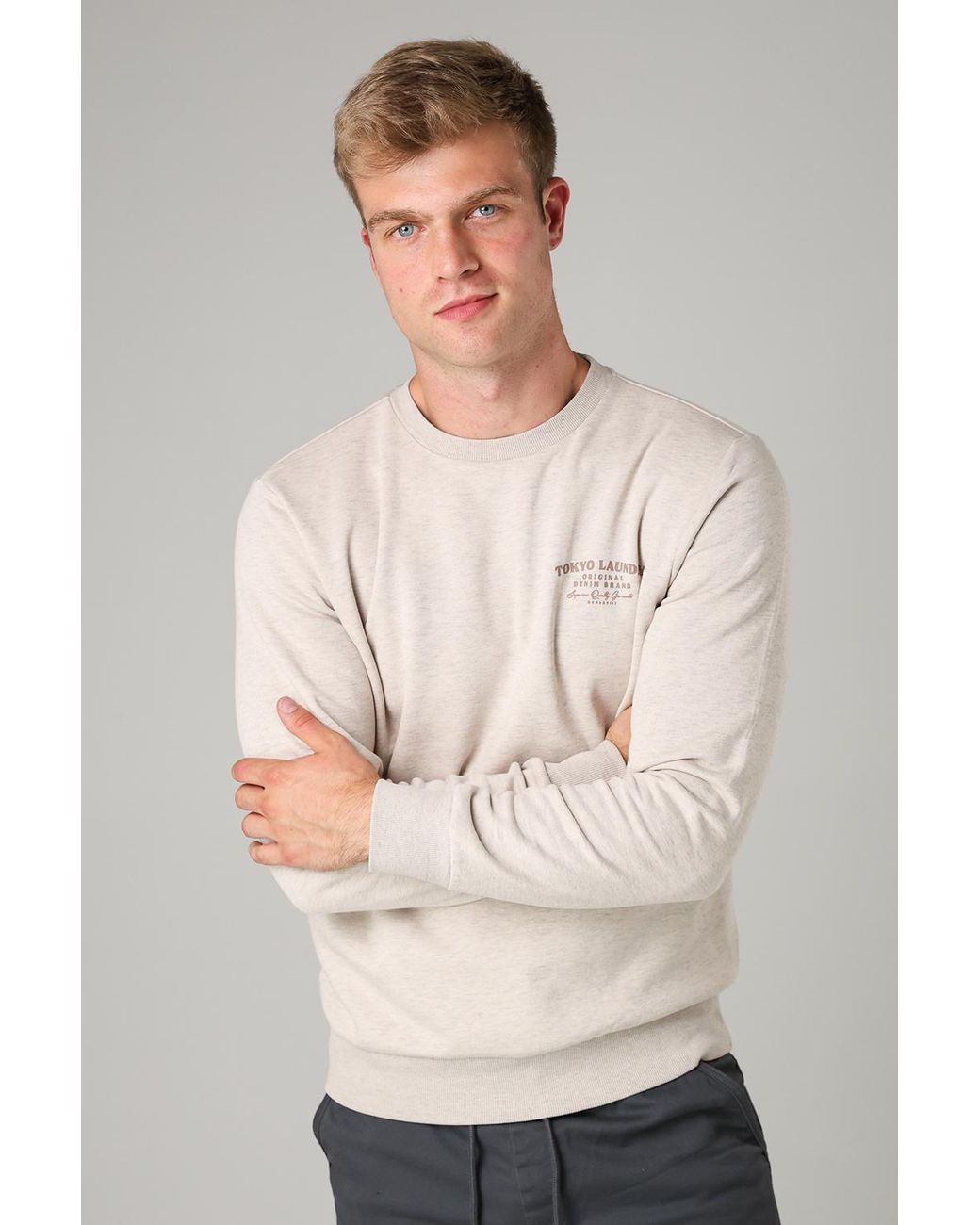 Tokyo Laundry Gray Cotton Blend Crew Neck Sweatshirt for men