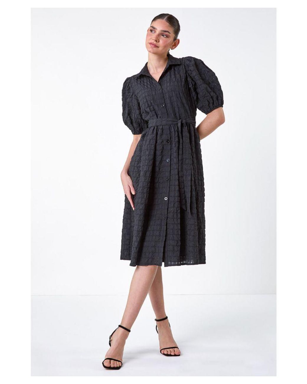 Roman Black Textured Puff Sleeve Midi Shirt Dress