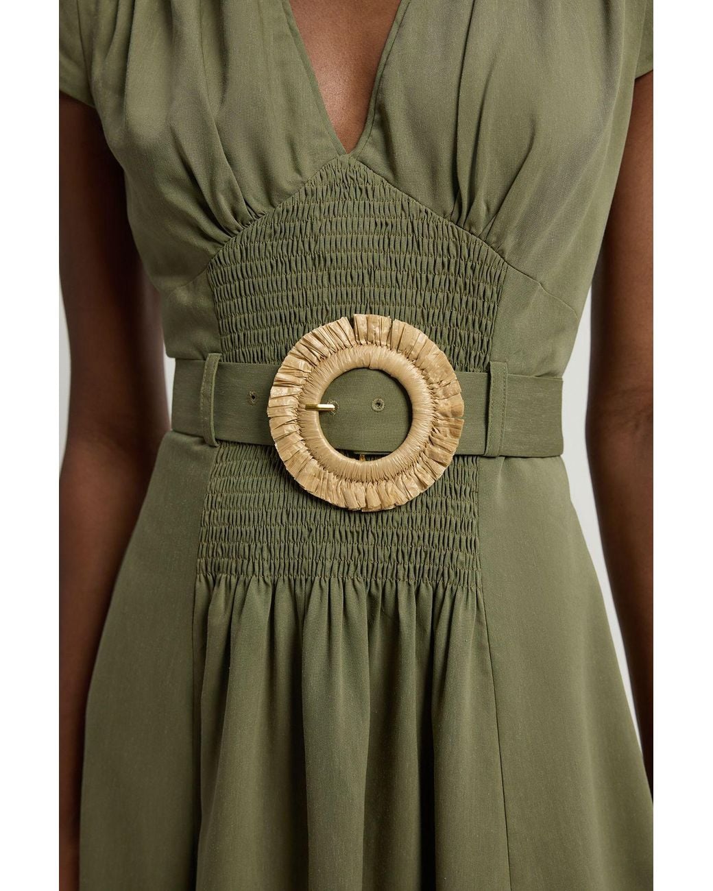 Karen Millen Green Shirred V Neck Belt Detail Woven Maxi Dress