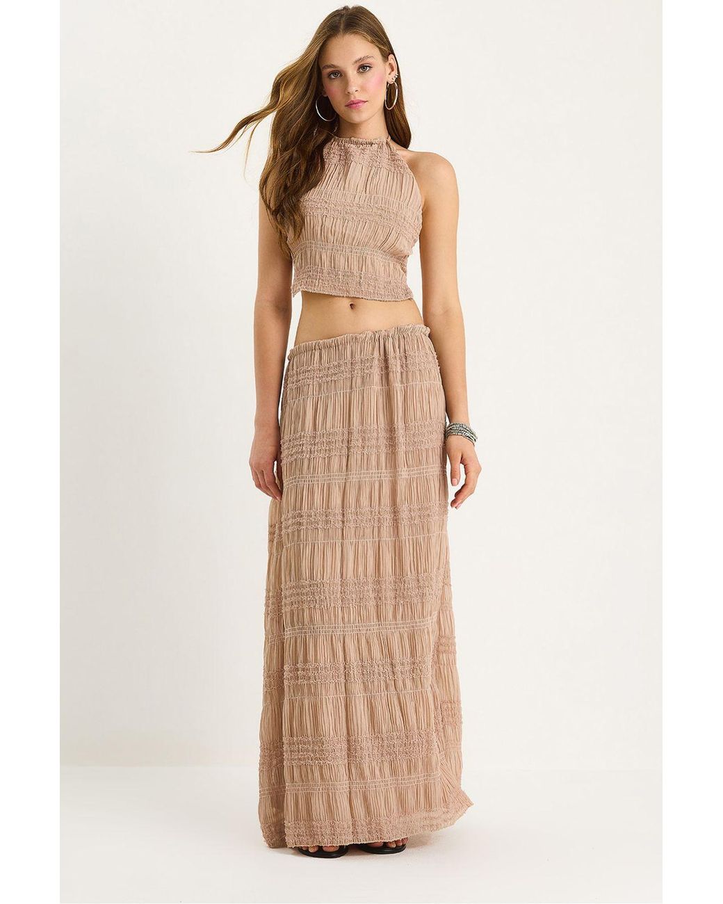 Bianco Lucci Natural Textured Striped Tulle Two-Piece Set