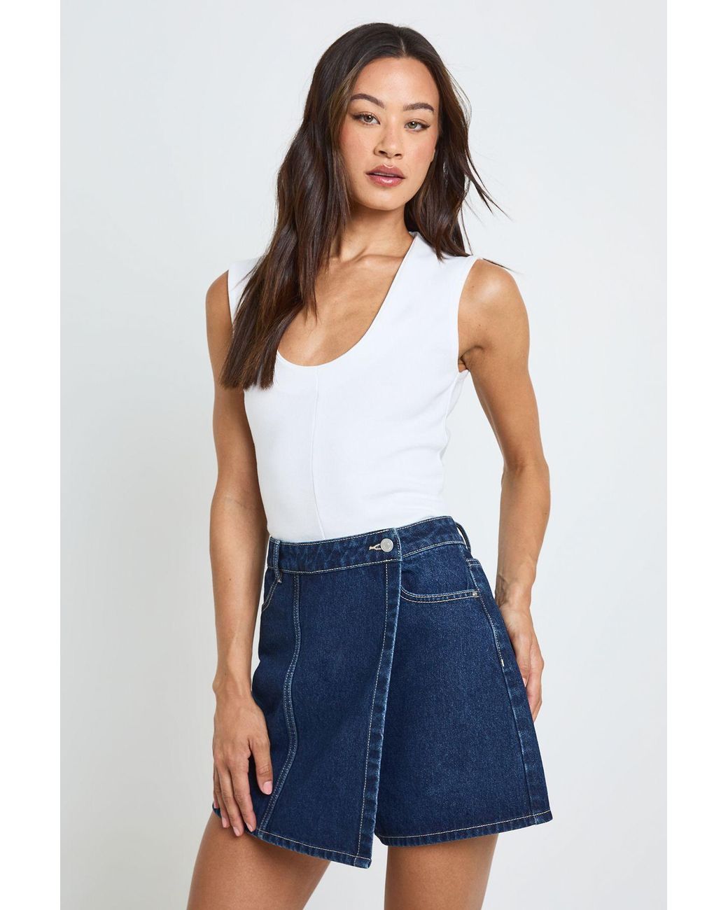 Boohoo Blue Tall Wrap Front Denim Skort