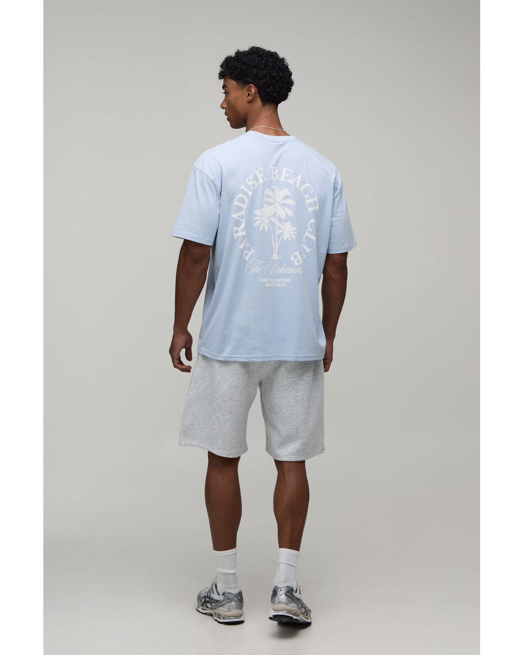 BoohooMAN Blue Oversized Paradise Beach Club Palm Tree T-Shirt & Short Set for men