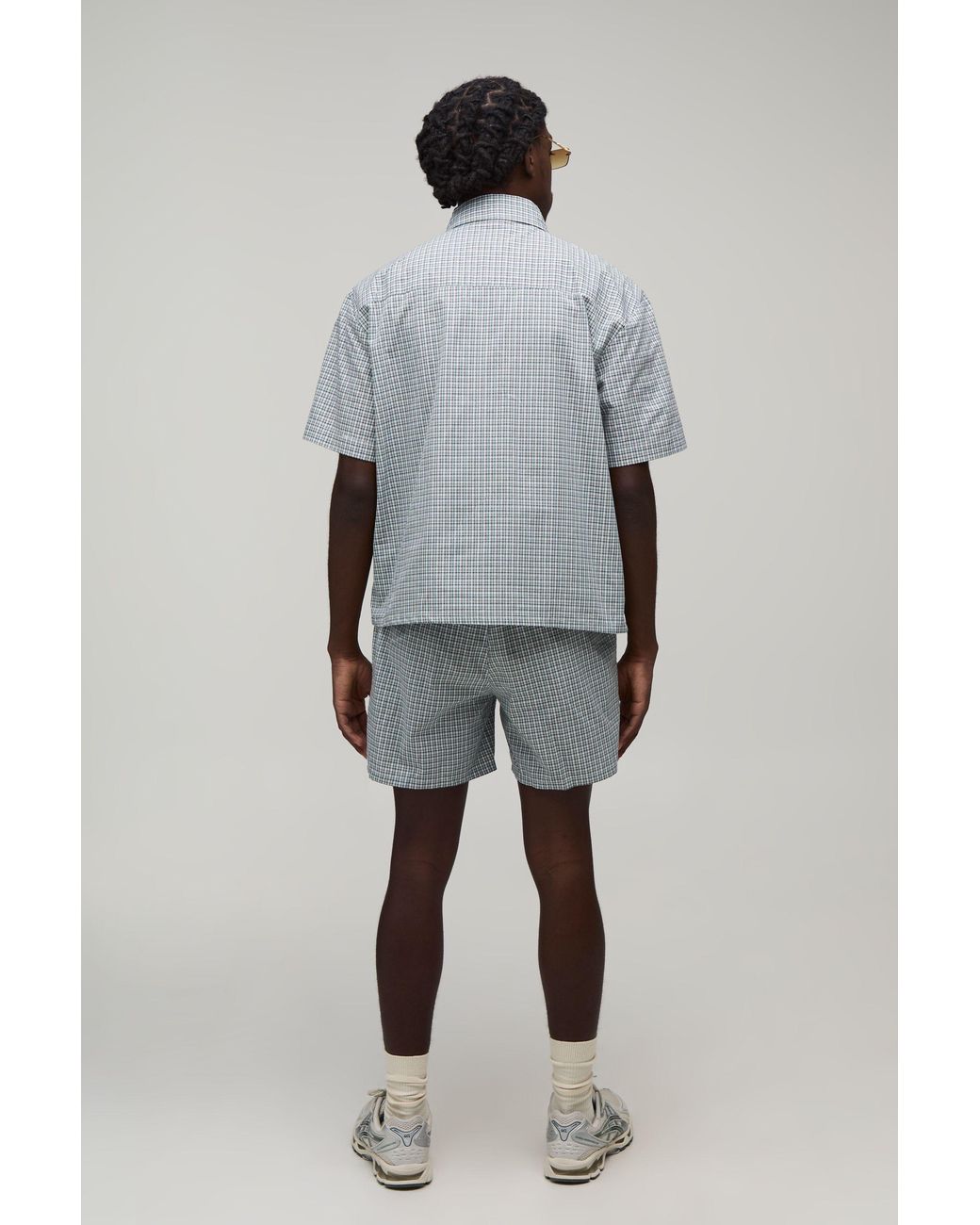 BoohooMAN Gray Micro Check Boxy Oversized Embroidered Shirt & Short Set for men