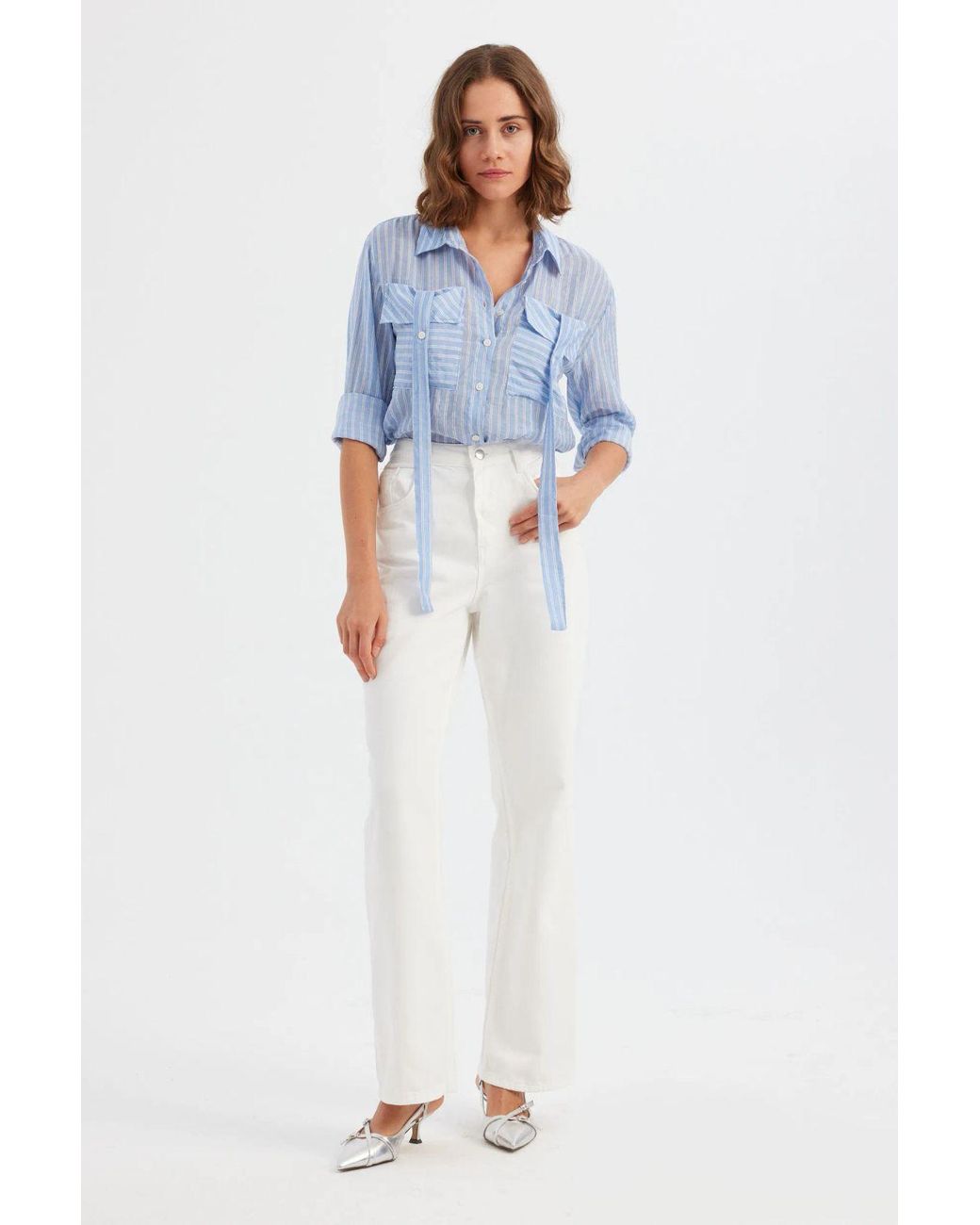 Hiccup Blue Striped Mesh Long Sleeve Shirt With Pocket Detail