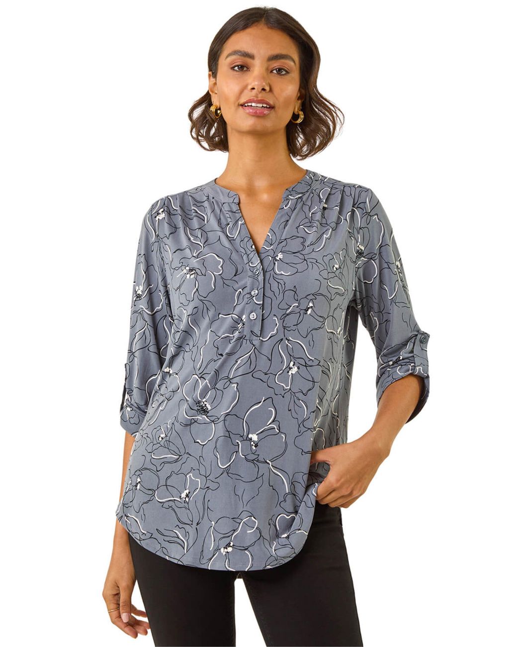Roman Blue Floral Notch Neck Shirt
