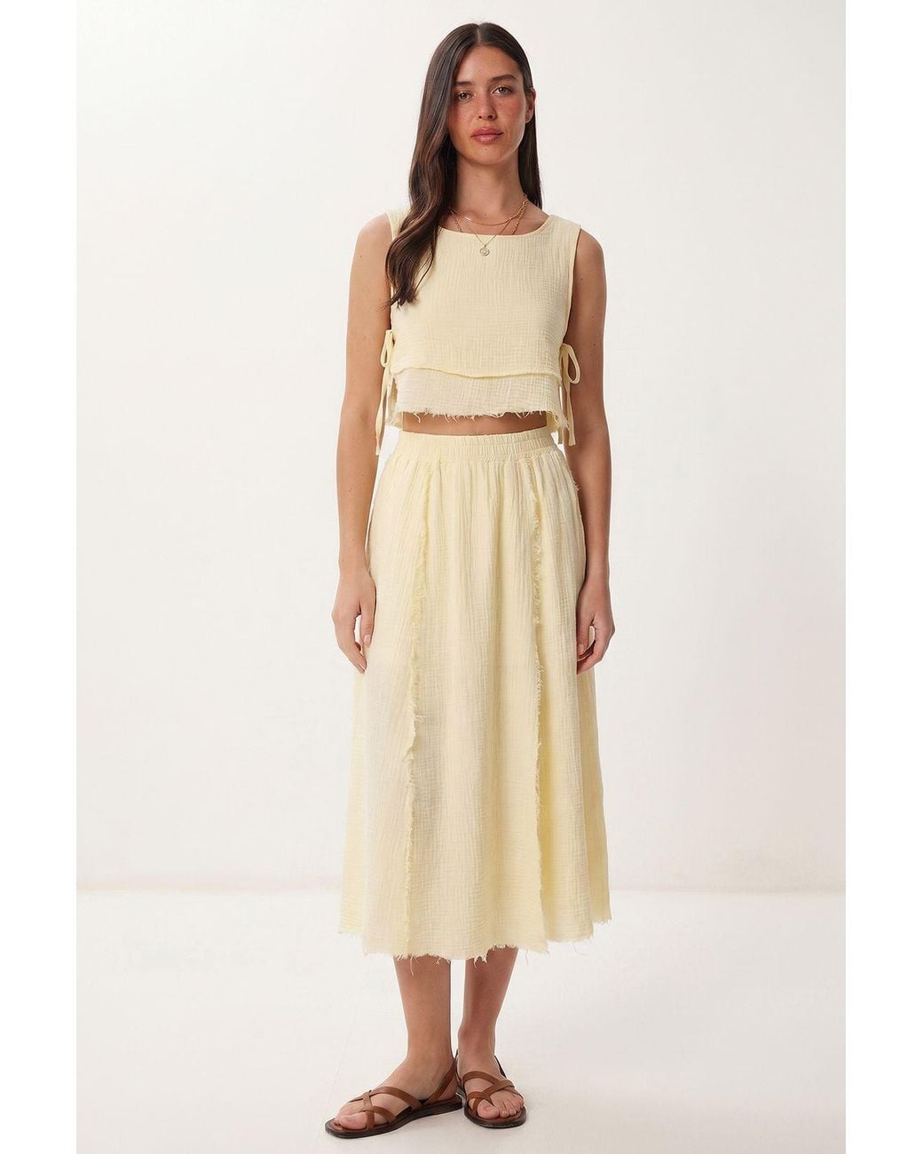 Happiness İstanbul Natural Cotton Sleeveless Blouse And Midi Skirt Set