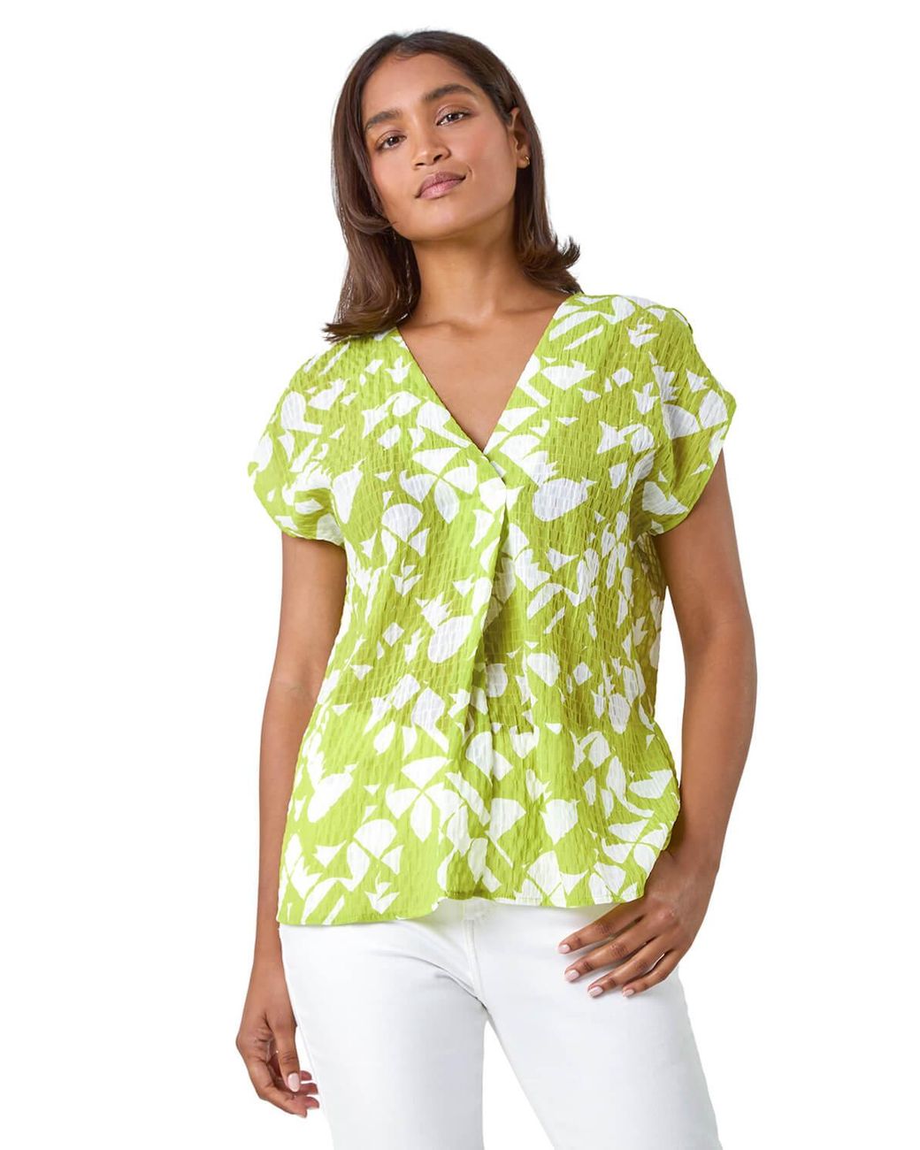Roman Green Geometric Crinkle Textured V-Neck Top