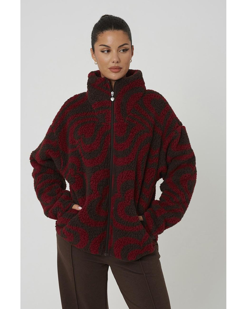 Brave Soul Red Sherpa Fleece Heart Print Sweatshirt