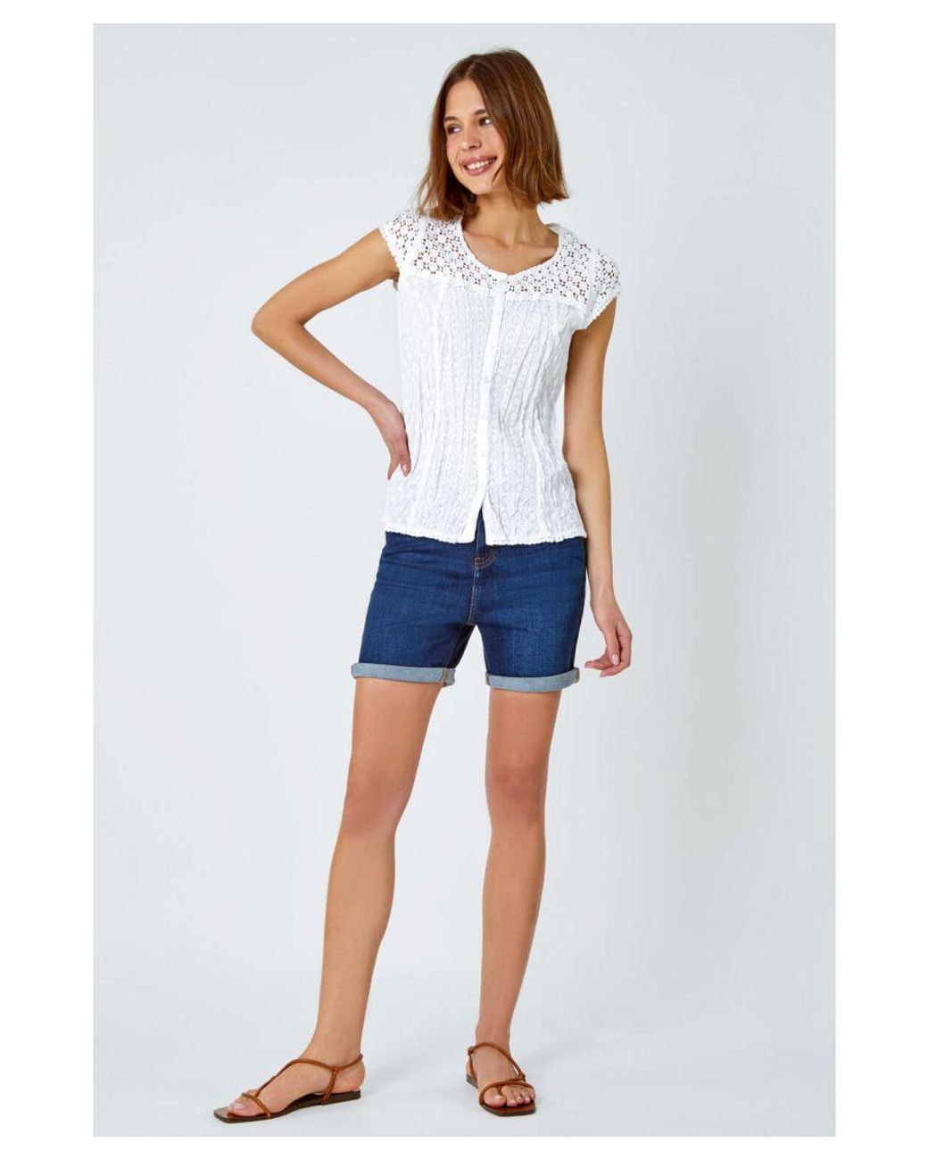 Roman White Lace Yoke And Sleeve Crinkle Blouse